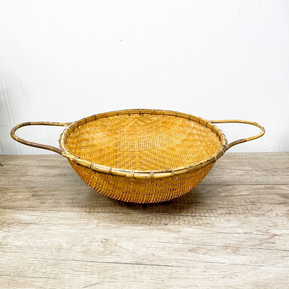 Vintage Thai Handicraft Bamboo Rattan Strainer Wicker Basket with Handles 12in